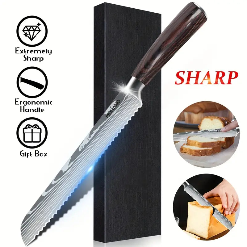 8 Inch Serrated Bread Knife – Professional Stainless Steel Bread Cutter with Wooden Handle & Gift Box