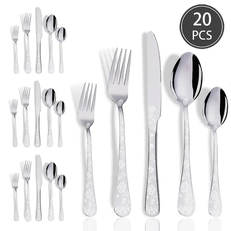 Elegant Valentine's Day Cutlery Set – 20/30pcs with Rose & Heart Patterns, Mirror Polished, Dishwasher Safe