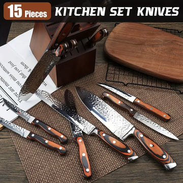 15/20-Piece Professional Kitchen Knife Set with Block & Sharpener – Ultra-Sharp Medium Carbon Stainless Steel, Triple Rivet Wooden Handles, Dishwasher Safe