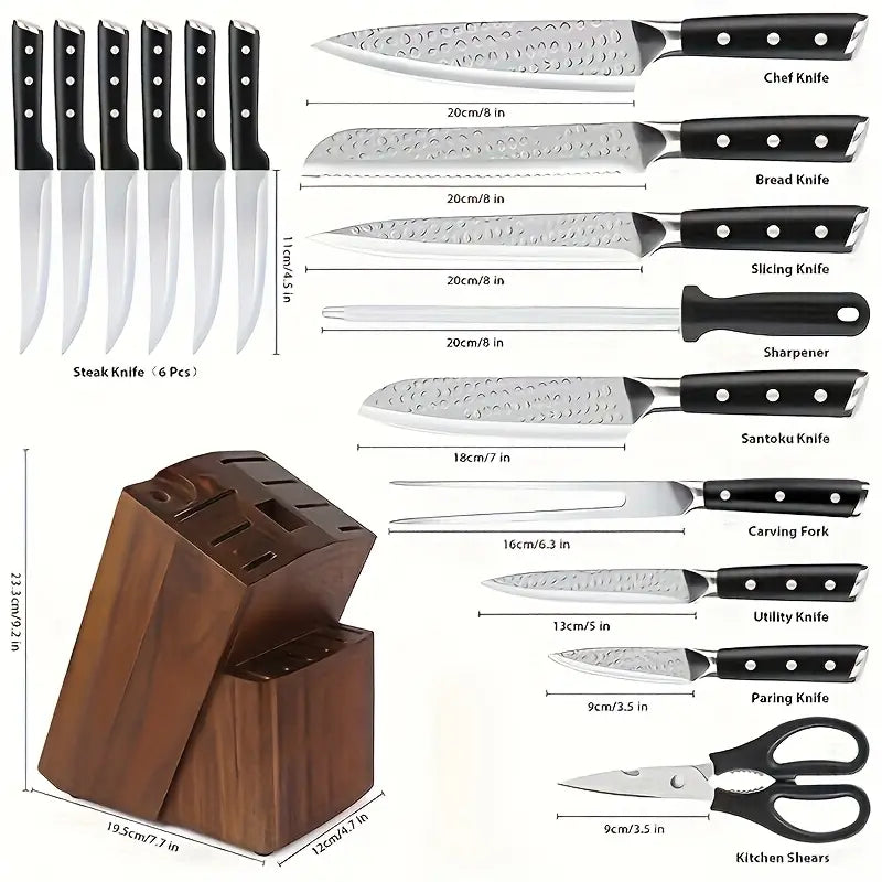 16-Piece German High-Carbon Stainless Steel Knife Set with Wooden Block & Manual Sharpener