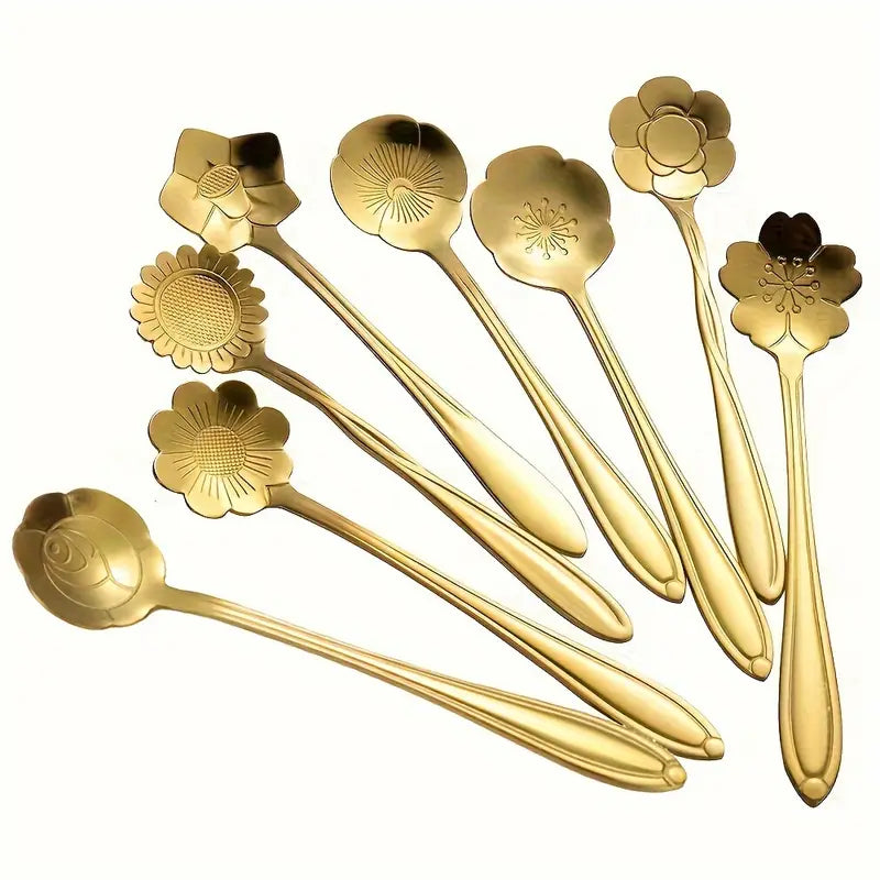 8pcs Stainless Steel Golden Flower Spoons - Tea, Coffee & Dessert Spoons, 4.9 Inch, Dishwasher Safe