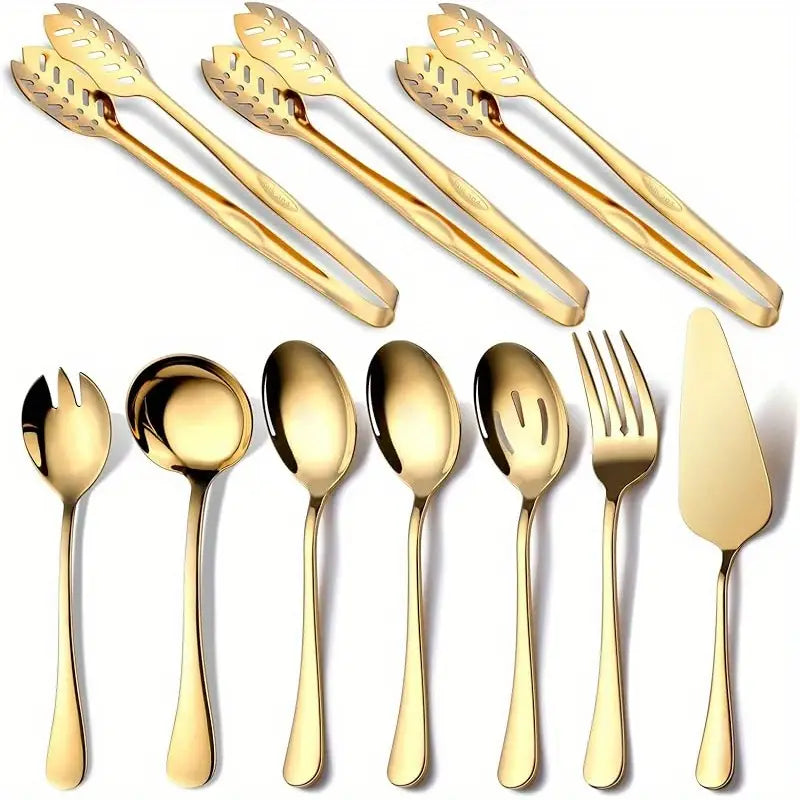 10-Piece Polished Stainless Steel Gold Serving Utensil Set – Elegant Dinnerware