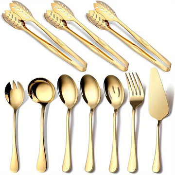 10-Piece Polished Stainless Steel Gold Serving Utensil Set – Elegant Dinnerware