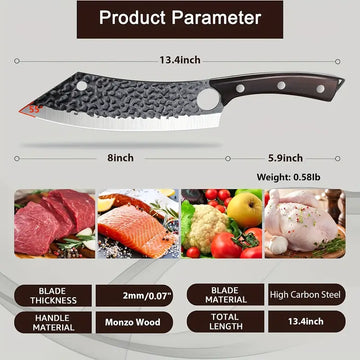 8 Inch Butcher Knife – Hand Forged Ultra Sharp Carving Knife for Meat & Vegetables with Finger Hole