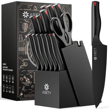 15-Piece Asety Knife Set – High Carbon Stainless Steel with Built-In Sharpener Block, NSF Food Safe & Dishwasher Safe