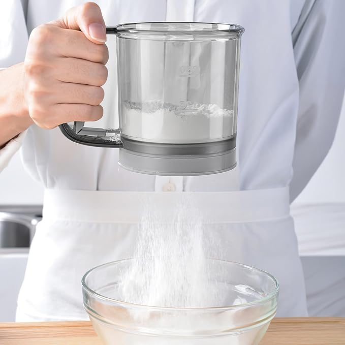 Flour Sifter for Baking – Double Layer Fine Mesh Flour Sieve with Lid, Semi-Automatic Handheld Powder Sifter with Measurement Scale for Kitchen Cooking