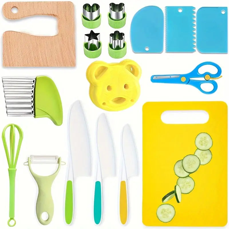 4/17pcs Kitchen Knife & Tool Set – Mini Chef Knives, Plastic & Wood Knives, Crinkle Cutter, Sandwich Cutters, Peeler & Cutting Board