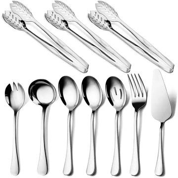 10-Piece Polished Stainless Steel Gold Serving Utensil Set – Spoons, Forks, Ladle & More