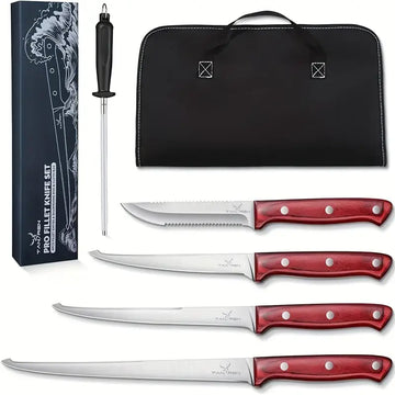 5-Piece High Carbon Steel Fish Fillet Knife Set with Bait Knife, Sharpening Rod, and Storage Bag