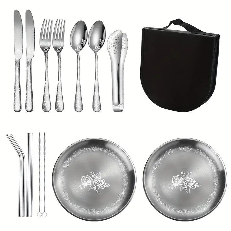 16pcs Premium Stainless Steel Camping Utensil Set with Floral Designs – Portable Travel Cutlery Kit for Hiking, Picnic, BBQ – Includes Knife, Fork, Spoon, Plates, Food Clip, Straws & Cleaner Brush – Ideal for Thanksgiving and Outdoor Adventures