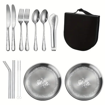 16pcs Premium Stainless Steel Camping Utensil Set with Floral Designs – Portable Travel Cutlery Kit for Hiking, Picnic, BBQ – Includes Knife, Fork, Spoon, Plates, Food Clip, Straws & Cleaner Brush – Ideal for Thanksgiving and Outdoor Adventures