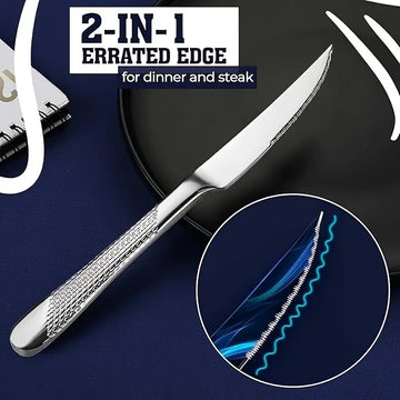 40-Piece Hammered Stainless Steel Flatware Set – Dinner Knives, Forks & Spoons for 8, Mirror-Polished, Dishwasher Safe, Modern Silvery Cutlery Set for Home Dining & Dinner Parties