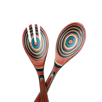 2pcs Pink Salad Spoons - Durable Birch Wood Cutlery Set, Long Handled Salad Tongs & Mixer Fork