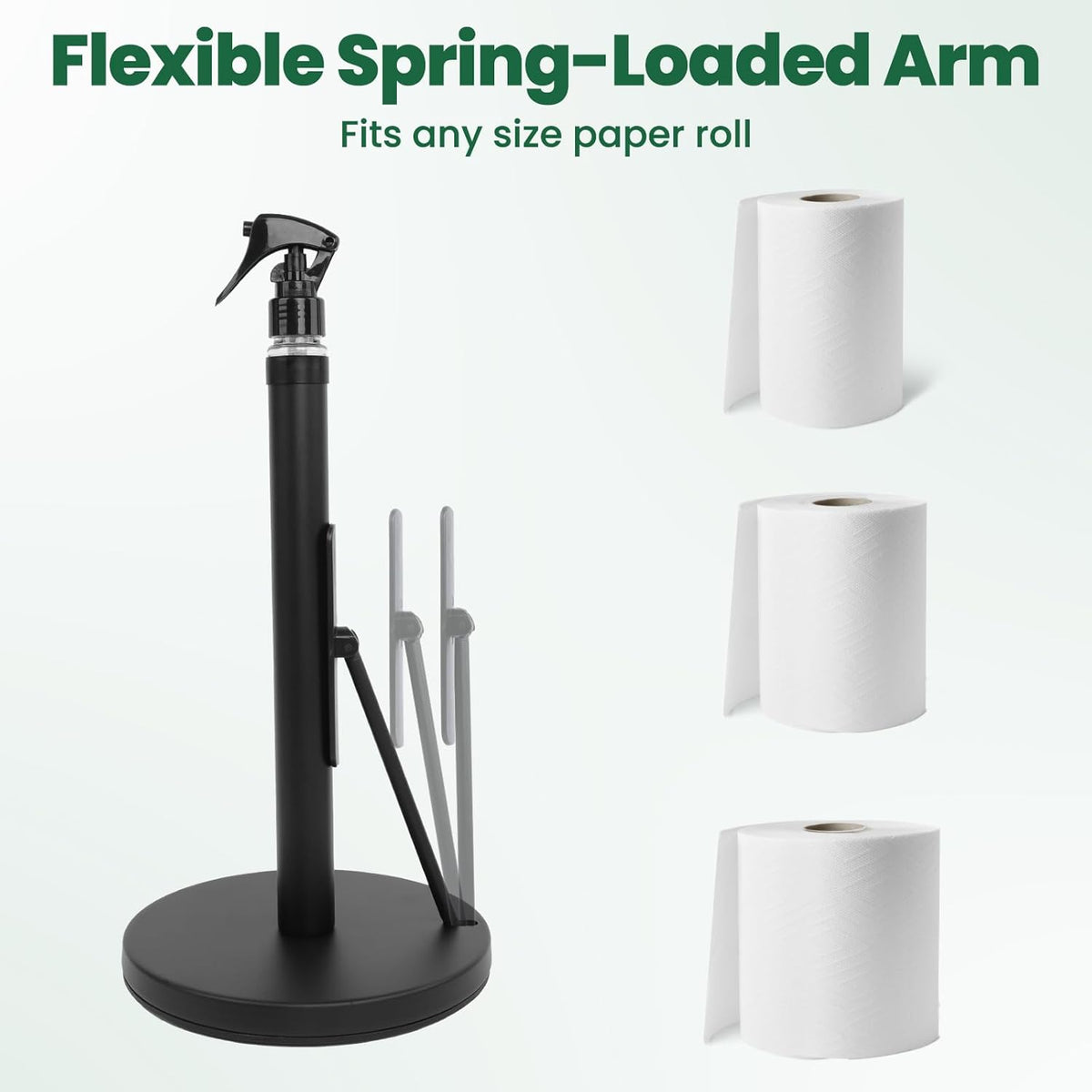 Paper Towel Holder with Spray Bottle, Stainless Steel Countertop Kitchen Paper Towel Dispenser, One-Handed Tear Towel Holder with Weighted Base – Black
