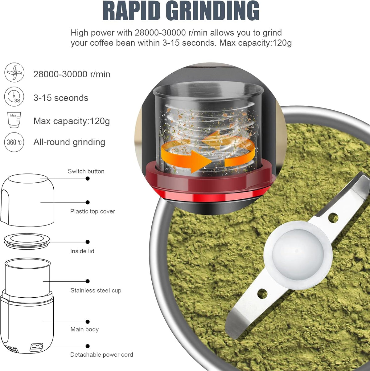 Electric Spice Grinder Stainless Steel, Powerful Coffee and Nut Grinder with Large Capacity, One-Button Operation, Fine to Coarse Grinding