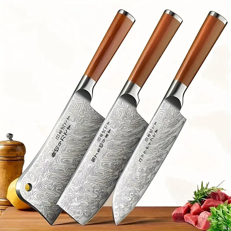 Japanese Slicing Knife & Chef’s Knife Set – 3/4pcs Santoku, Damascus Pattern Steel Kitchen Knives, Stainless Steel Butcher Cleaver & Meat Chopping Knife