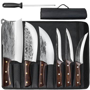 7-Piece Serbian Chef Knife Set with Sharpening Rod and Roll Bag – Professional Forged Stainless Steel Kitchen Knives