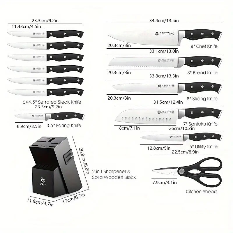 ASETY 15-Piece Kitchen Knife Set with Built-in Sharpener – German Stainless Steel