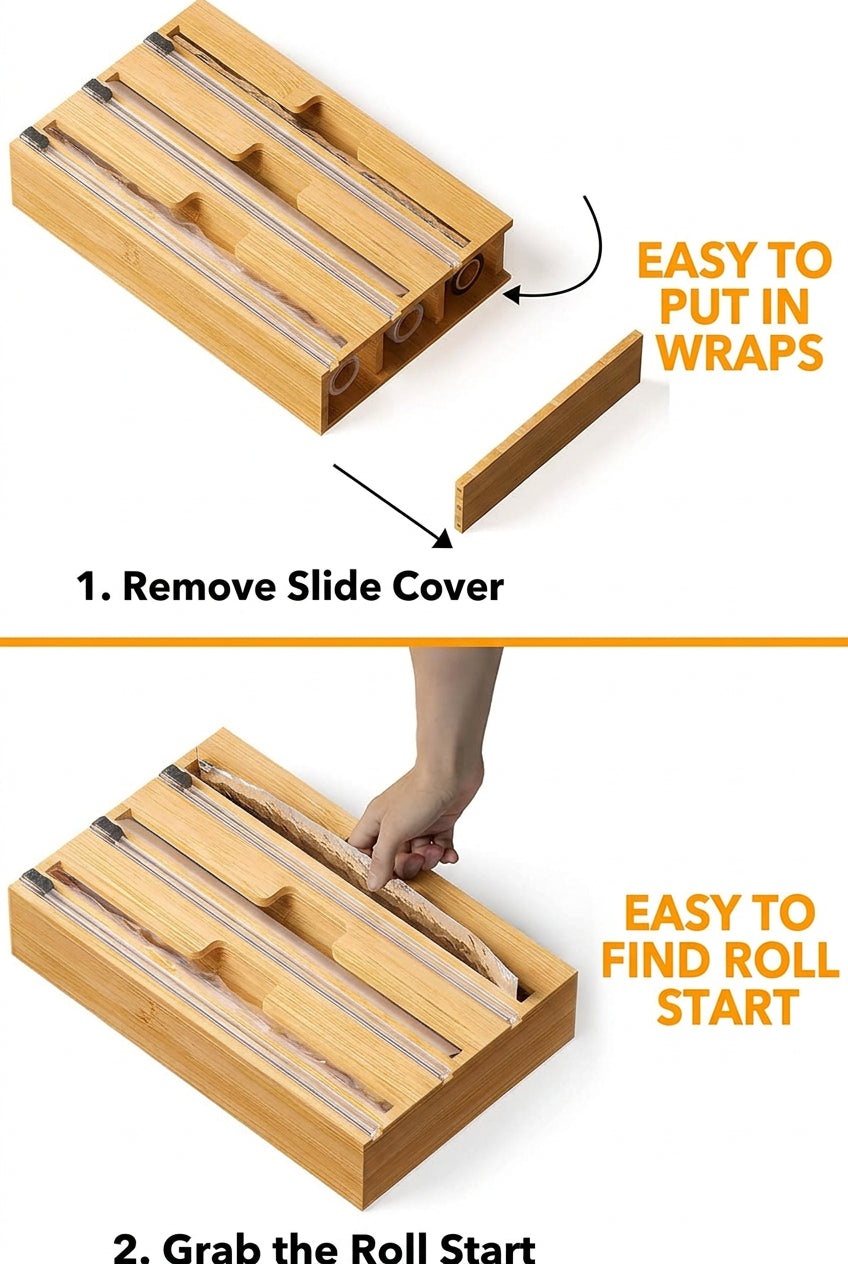 3-in-1 Bamboo Wrap Organizer with Cutter & Labels – Kitchen Drawer Dispenser for Plastic Wrap, Aluminum Foil & Wax Paper, Fits 12-Inch Rolls
