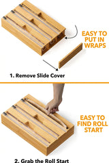 3-in-1 Bamboo Wrap Organizer with Cutter & Labels – Kitchen Drawer Dispenser for Plastic Wrap, Aluminum Foil & Wax Paper, Fits 12-Inch Rolls