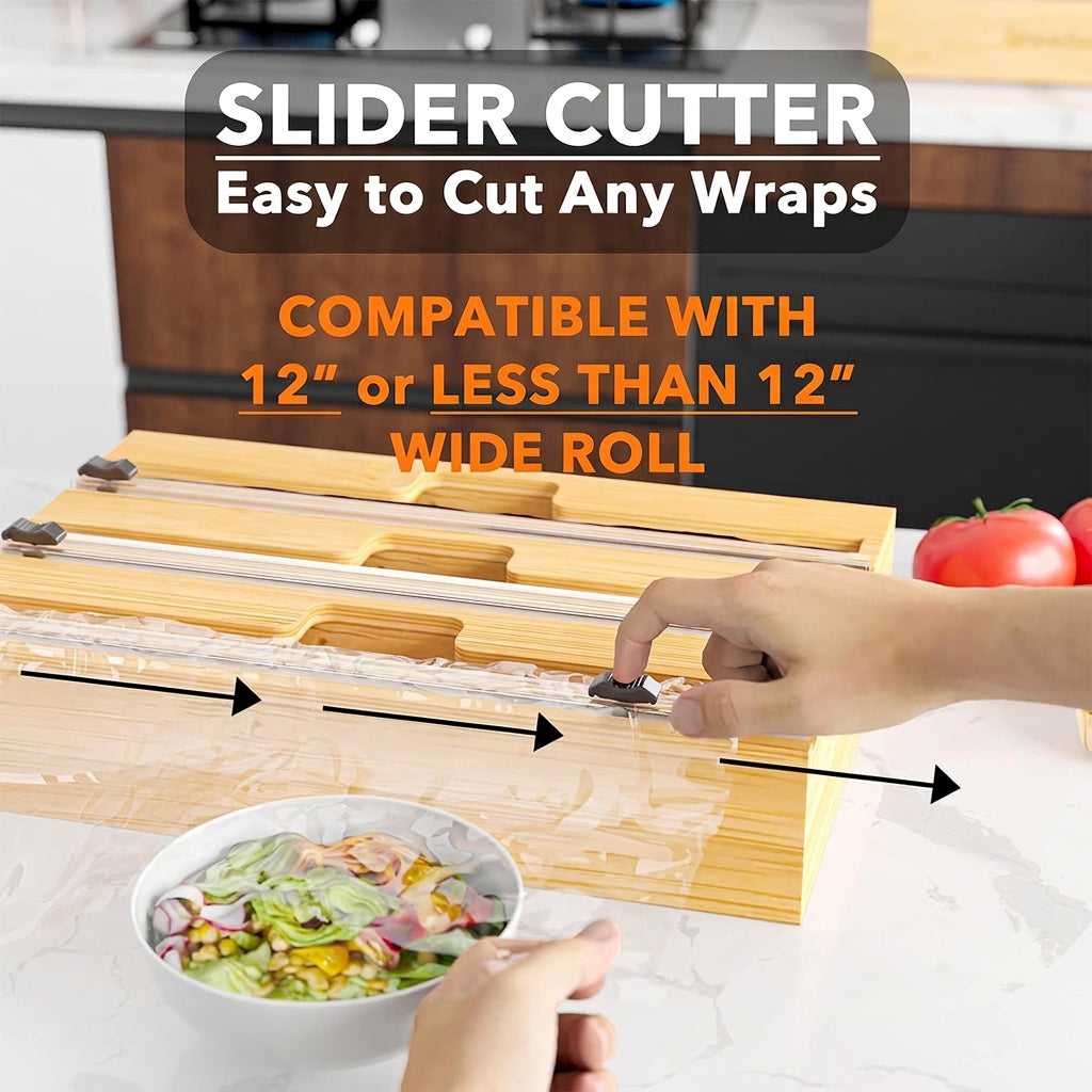 3-in-1 Bamboo Wrap Organizer with Cutter & Labels – Kitchen Drawer Dispenser for Plastic Wrap, Aluminum Foil & Wax Paper, Fits 12-Inch Rolls