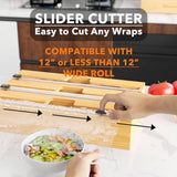 3-in-1 Bamboo Wrap Organizer with Cutter & Labels – Kitchen Drawer Dispenser for Plastic Wrap, Aluminum Foil & Wax Paper, Fits 12-Inch Rolls