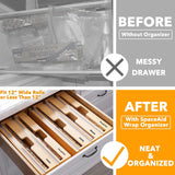 3-in-1 Bamboo Wrap Organizer with Cutter & Labels – Kitchen Drawer Dispenser for Plastic Wrap, Aluminum Foil & Wax Paper, Fits 12-Inch Rolls
