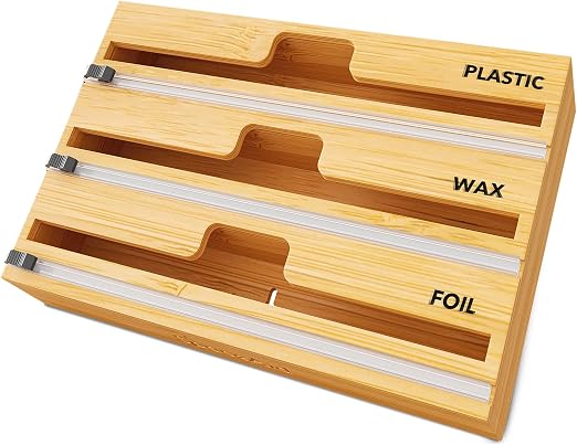 3-in-1 Bamboo Wrap Organizer with Cutter & Labels – Kitchen Drawer Dispenser for Plastic Wrap, Aluminum Foil & Wax Paper, Fits 12-Inch Rolls