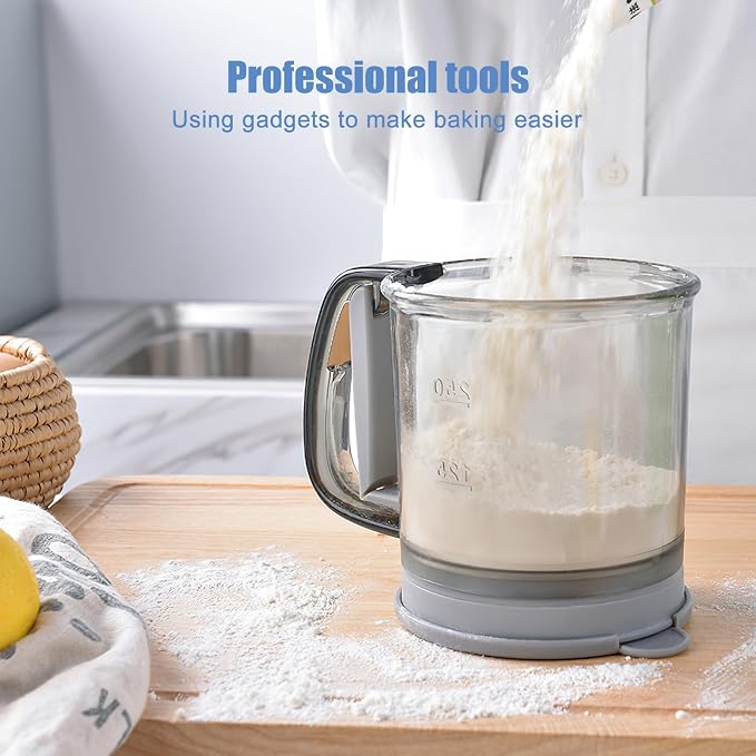 Flour Sifter for Baking – Double Layer Fine Mesh Flour Sieve with Lid, Semi-Automatic Handheld Powder Sifter with Measurement Scale for Kitchen Cooking