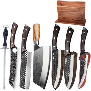 8-Piece Handmade Stainless Steel Chef Knife Set with Magnetic Wooden Block – Professional Carbon Steel Knives for Kitchen