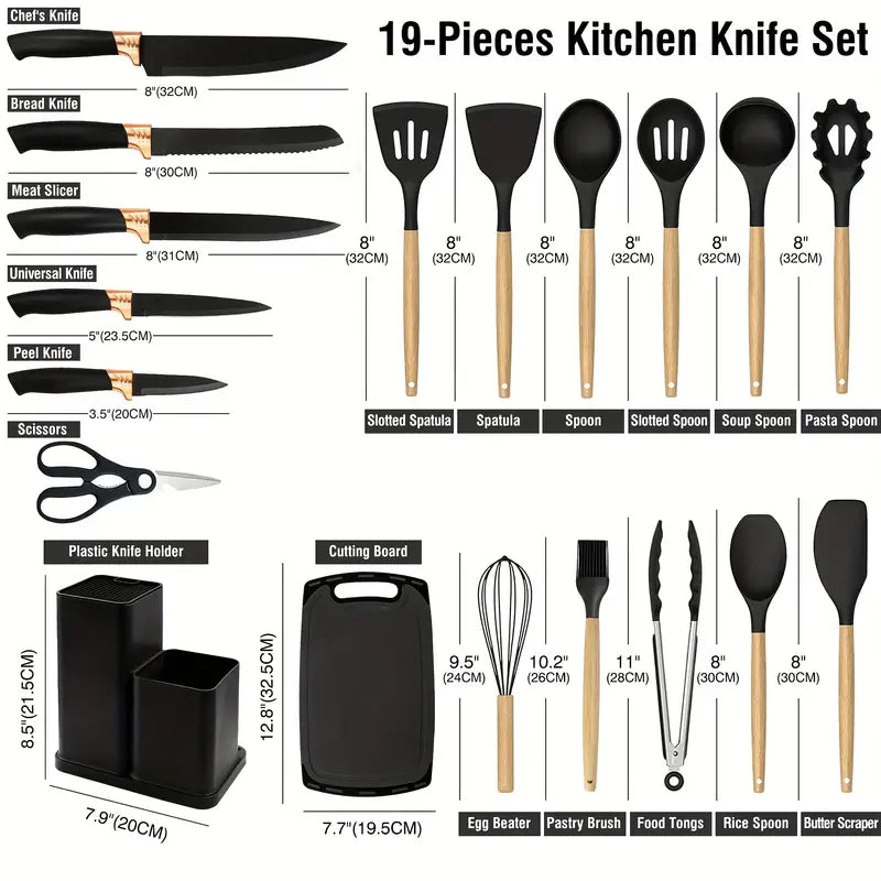19pcs Professional Kitchen Knife Set with Wooden Block & Cutting Board – Chef & Utility Knives, Wooden Handles, Dishwasher Safe
