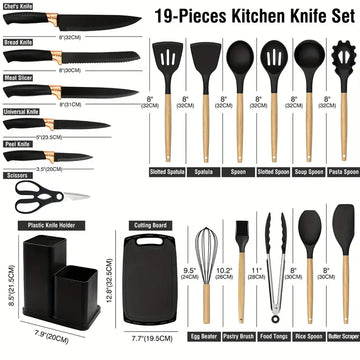 19pcs Professional Kitchen Knife Set with Block & Cutting Board – Stainless Steel Chef Knives, Utility Knives & Cooking Utensils with Wooden Handles – Lightweight, Dishwasher Safe, Gift Set