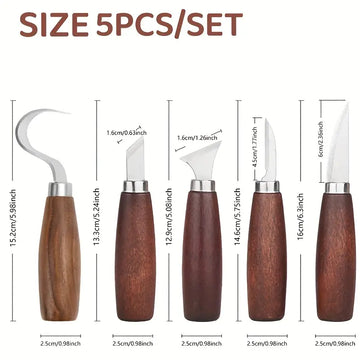 5-Piece Carbon Steel Carving Knife Set with Walnut Handles – Durable Woodworking & Engraving Tools