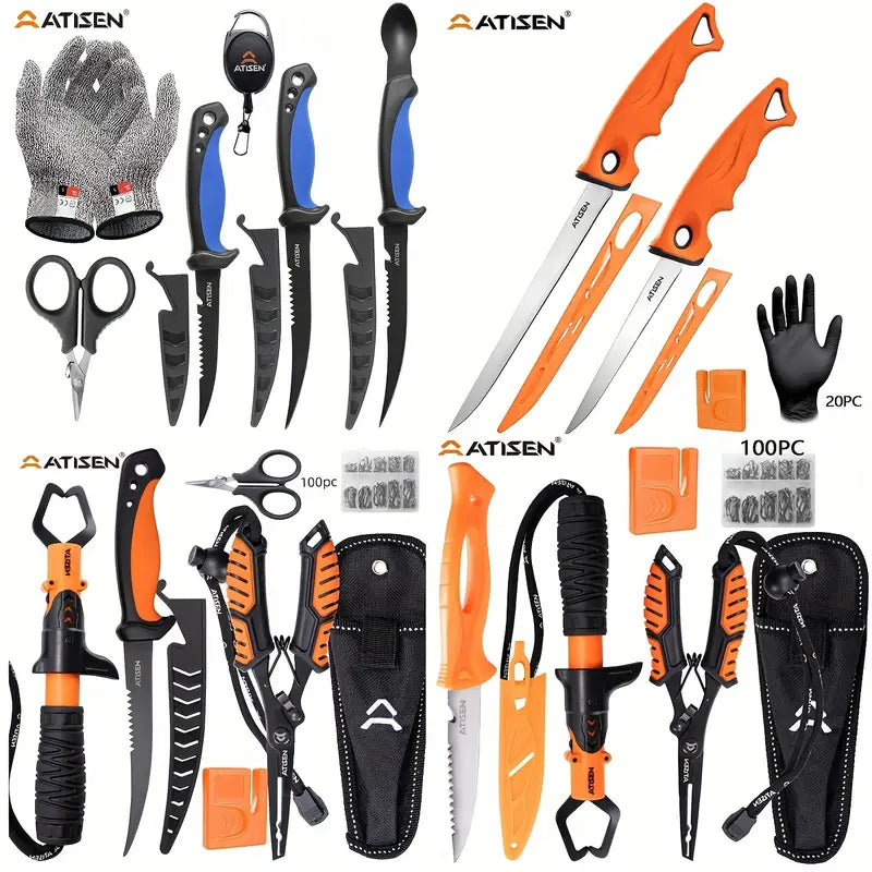ATISEN Fishing Knife Set – Boning, Slicing & Gutting Tools with Cut-Resistant Gloves, Line Cutter & Stretching Cord