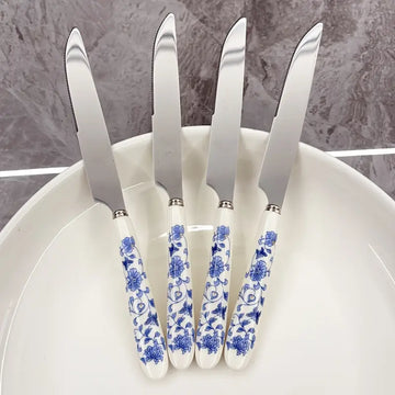 Floral Blue & White Ceramic-Handled Stainless Steel Cutlery Set - 4-Piece Steak Knives, Forks, Spoons for Home & Restaurant Dining