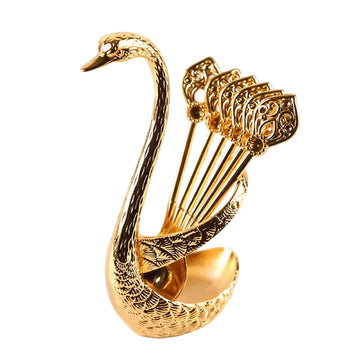 Elegant Golden & Silvery Grey Alloy Spoon Set with Swan Stand – Rustproof, Durable Flatware for Coffee, Dessert & Dining – Perfect Gift for Mother’s & Father’s Day