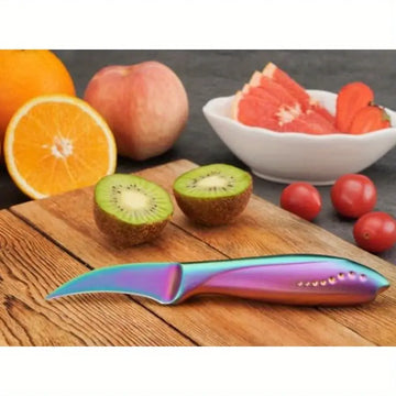 2.5-Inch High Carbon Stainless Steel Birds Beak Knife with Rainbow Gradient Curved Blade – Ergonomic Handle for Peeling & Garnishing