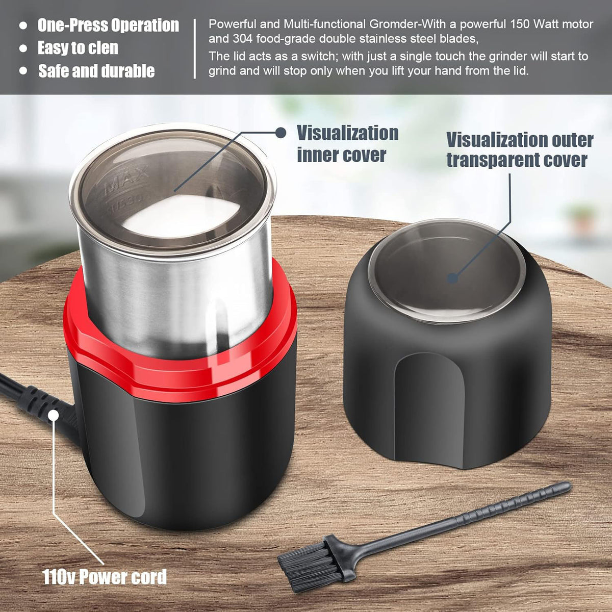 Electric Spice Grinder Stainless Steel, Powerful Coffee and Nut Grinder with Large Capacity, One-Button Operation, Fine to Coarse Grinding