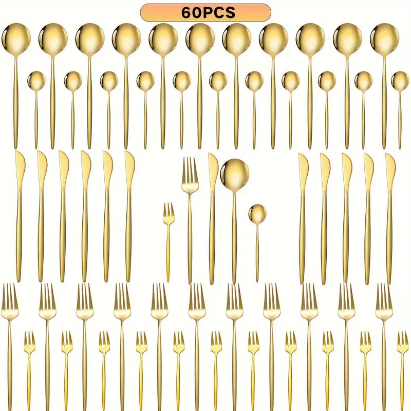 60-Piece Stainless Steel Cutlery Set – 12-Serving Elegant Dinnerware, Dishwasher Safe, Mirror Finish (Gold/Silver)