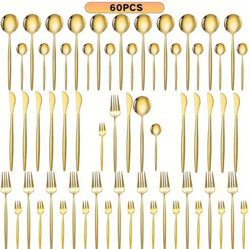 60-Piece Stainless Steel Cutlery Set – 12-Serving Elegant Dinnerware, Dishwasher Safe, Mirror Finish (Gold/Silver)