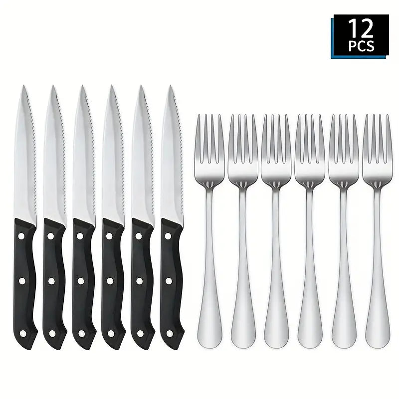 12-Piece Stainless Steel Cutlery Set – 6 Serrated Steak Knives & 6 Dinner Forks, Elegant Mirror-Polished, Durable & Dishwasher Safe for Parties, Weddings, Banquets, and Outdoor Camping
