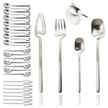 32pcs Stainless Steel Cutlery Set for 8 – Matte Finish, Includes Knife, Fork, Spoon & Teaspoon, 304 Kitchen Utensils