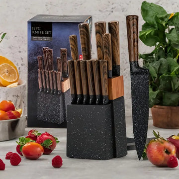 12-Piece Stainless Steel Knife Set with Block & Sharpener - Dishwasher Safe, Razor-Sharp Blades