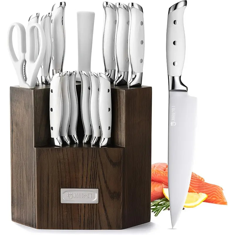 15-Piece Stainless Steel Kitchen Knife Set with Rubber Wood Holder, Gift Box