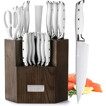 15-Piece Stainless Steel Kitchen Knife Set with Rubber Wood Holder, Gift Box