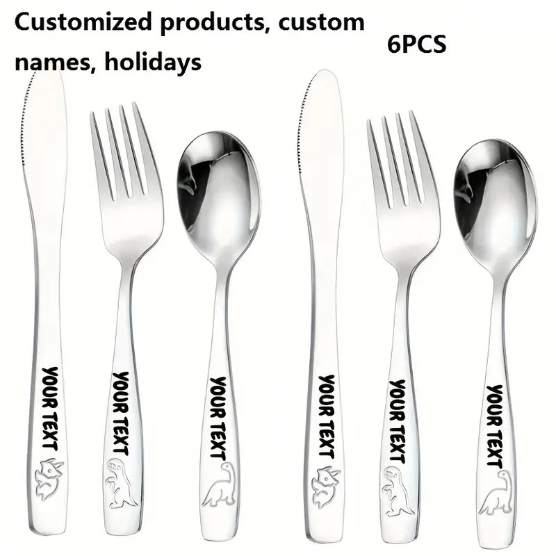 Personalized Dinosaur Stainless Steel Cutlery Set – Custom Name Engraved, 6/9/12pcs (Knives, Forks, Spoons & Teaspoons)