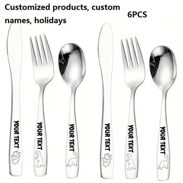 Personalized Dinosaur Stainless Steel Cutlery Set – Custom Name Engraved, 6/9/12pcs (Knives, Forks, Spoons & Teaspoons)