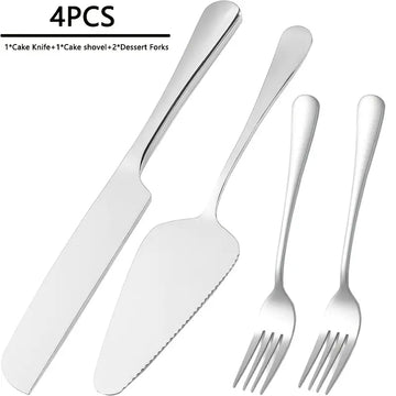 4-Piece Stainless Steel Cake & Dessert Serving Set – Knife, Forks & Server, Mirror Finish, Dishwasher Safe – Ideal for Weddings, Birthdays, & Holidays