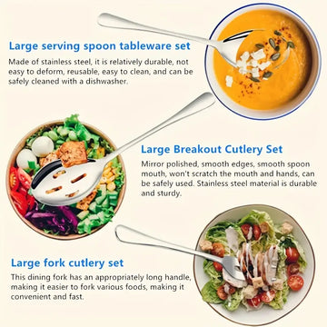 6-Piece Stainless Steel Serving Set - 2 Serving Spoons, 2 Slotted Serving Spoons, 2 Serving Forks - Perfect for Parties, Buffets, and Kitchens