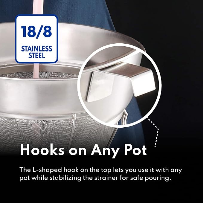 Stainless steel fine mesh bouillon strainer showing its conical design and reinforced construction.